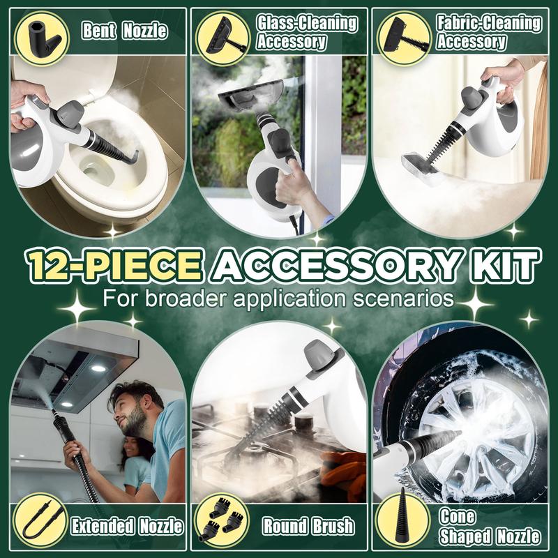 Phueut Pressurized Handheld Multi-Surface Natural Steam Cleaner with 12 pcs Replacement Parts , Multi-Purpose Steamer for Home Use, Kitchen and Car